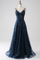 A-Linie marineblaues Spaghettiträger langes Ballkleid mit Schlitz